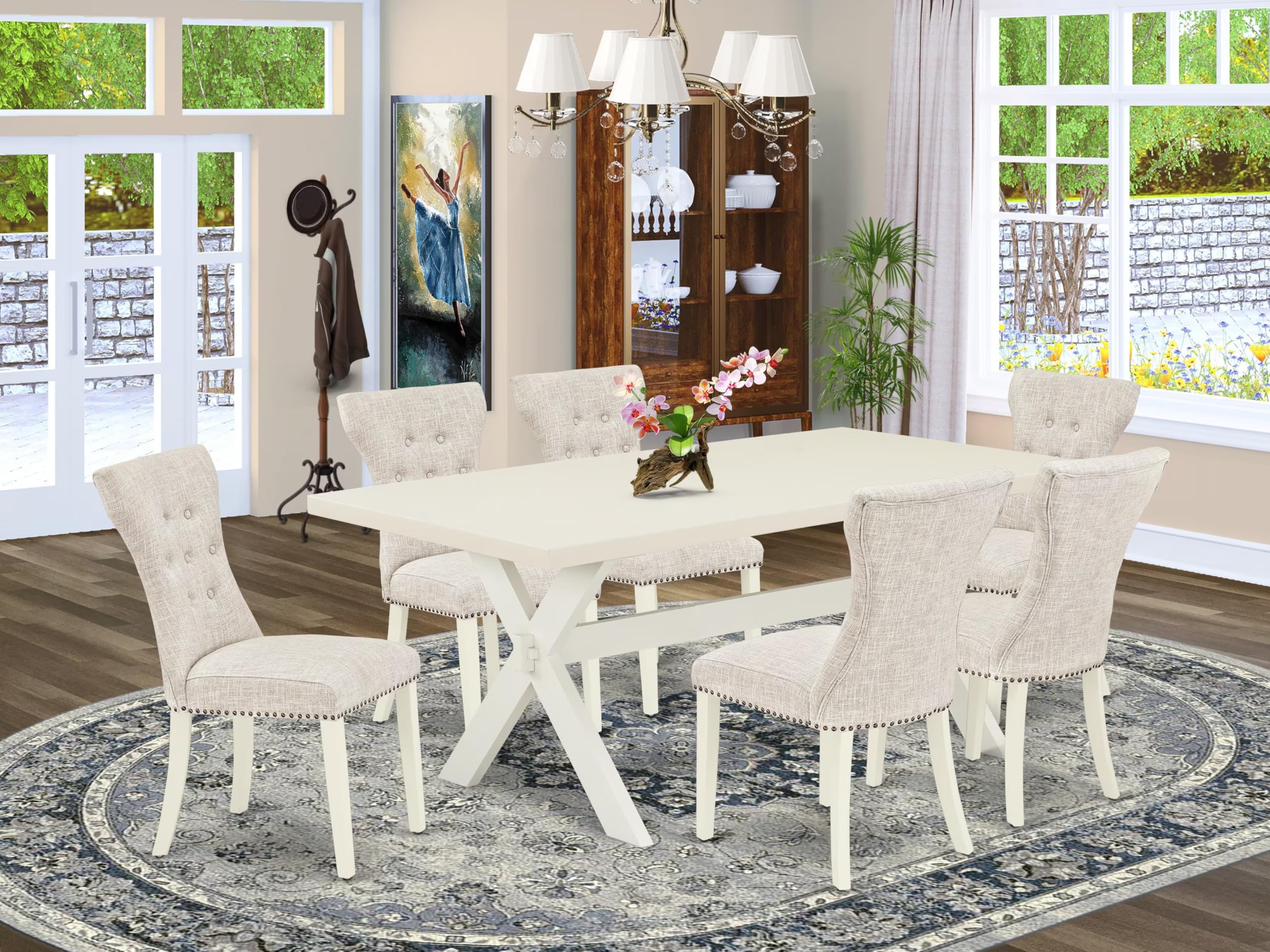 East West Furniture X027Ga235-7 7 Piece Dining Room Table Set Consist Of A Rectangle Dining Table With X-Legs And 6 Doeskin Linen Fabric Upholstered Parson Chairs, 40X72 Inch, Multi-Color